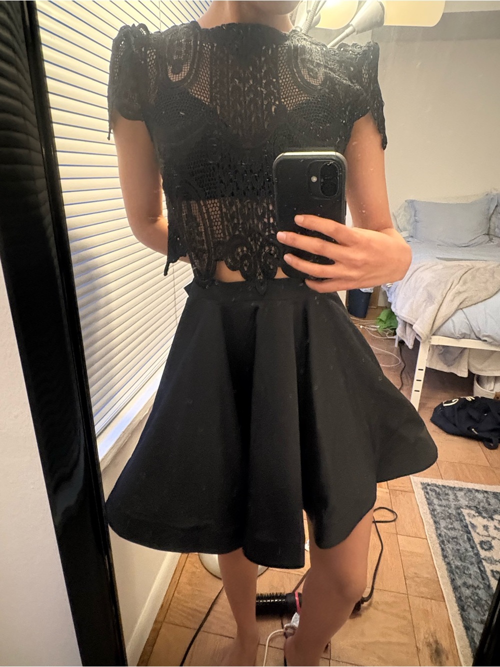 Black Crochet Crop Top and Flared Skirt Set